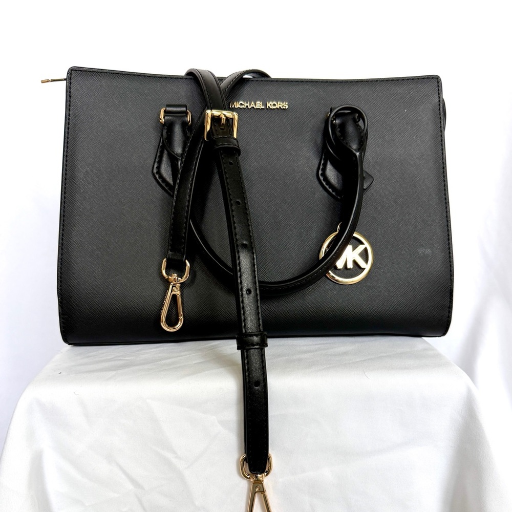 Michael Kors Black Saffiano Leather Satchel with Gold Accent Charm - Picture 3 of 7